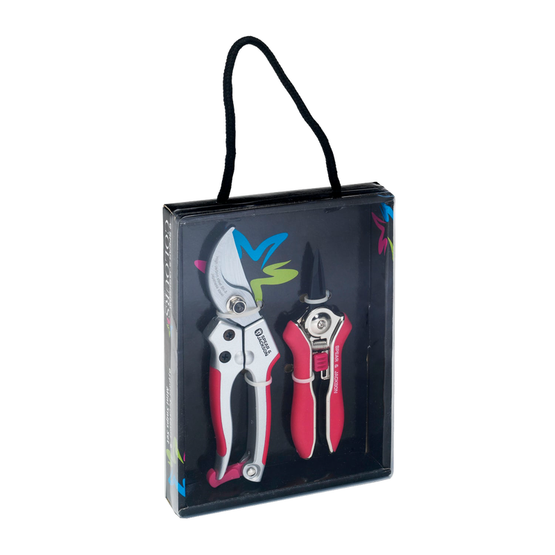 Gift set featuring pink bypass pruner and matching mini snips in a clear box with handle, ideal for Farm, Garden & Tool and Garden Accessories collections.