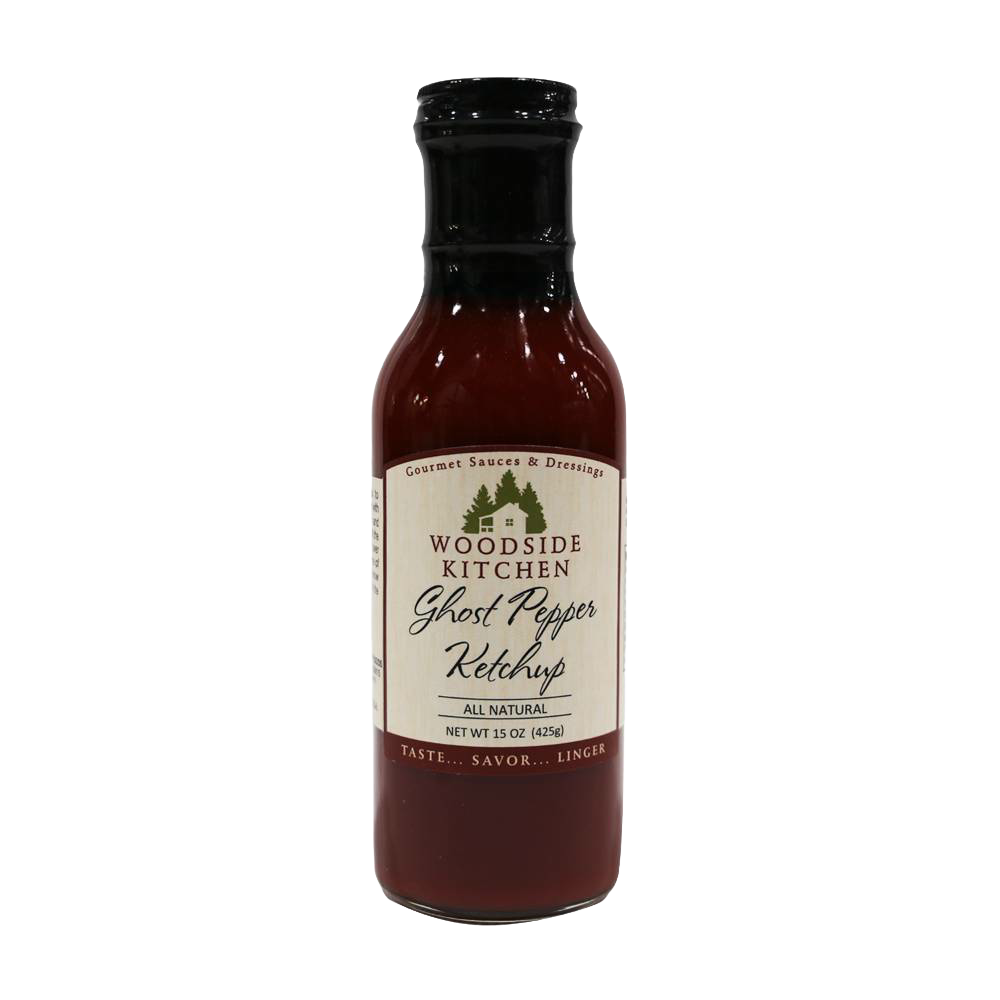 Glass bottle of handcrafted all-natural ghost pepper ketchup with distinct flavor, ideal for Kitchen & Food, Food, Pantry, USA Made, Best Sellers, and Promo Eligible collections.