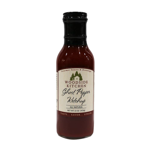 Glass bottle of handcrafted all-natural ghost pepper ketchup with distinct flavor, ideal for Kitchen & Food, Food, Pantry, USA Made, Best Sellers, and Promo Eligible collections.