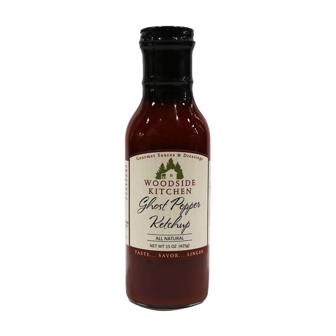 Glass bottle of handcrafted all-natural ghost pepper ketchup with distinct flavor, ideal for Kitchen & Food, Food, Pantry, USA Made, Best Sellers, and Promo Eligible collections.