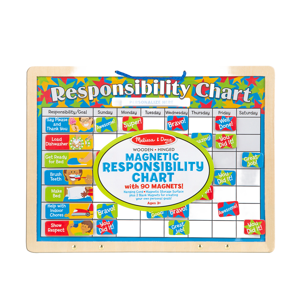 Handcrafted wooden magnetic chart with 90 colorful behavior and reward magnets, designed to encourage positive habits in indoor play for children’s toys and games collections.