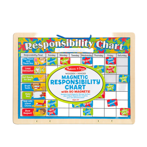 Handcrafted wooden magnetic chart with 90 colorful behavior and reward magnets, designed to encourage positive habits in indoor play for children’s toys and games collections.