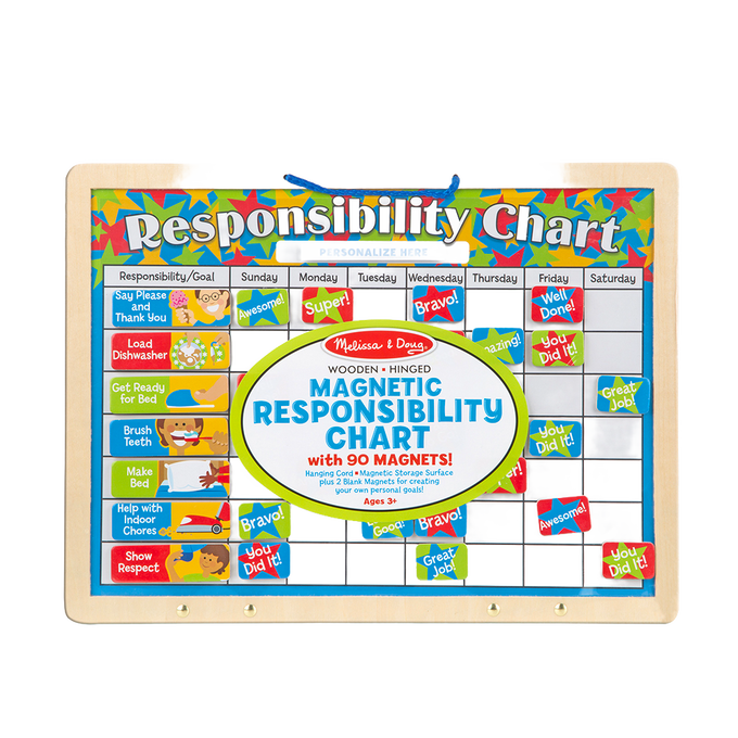 Handcrafted wooden magnetic chart with 90 colorful behavior and reward magnets, designed to encourage positive habits in indoor play for children’s toys and games collections.