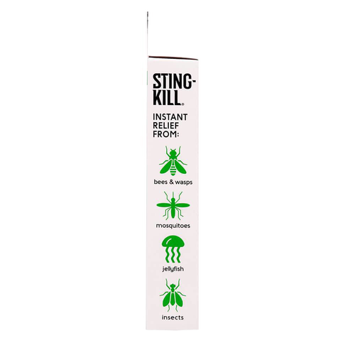 Box of disposable swabs labeled for instant relief from bee, wasp, mosquito, jellyfish, and insect stings, suitable for Health & Wellness, Pest Control, and USA Made collections.