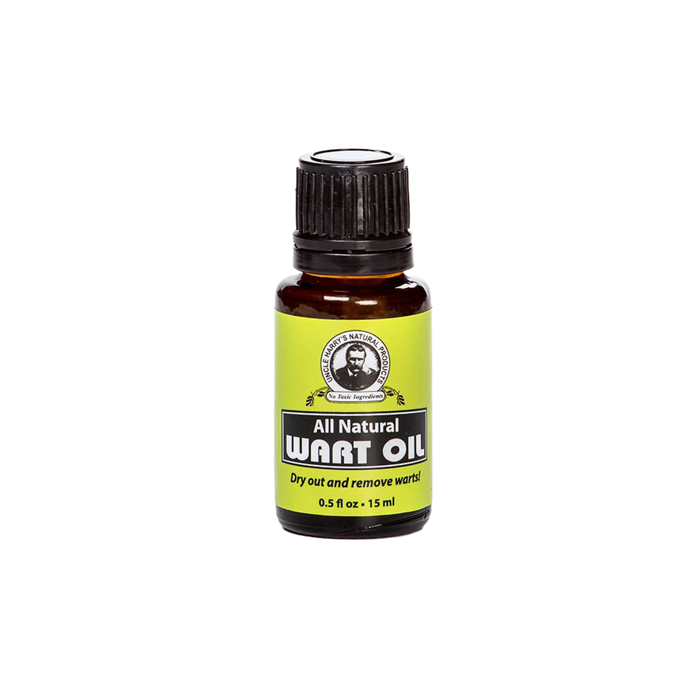 Small amber glass bottle of all-natural wart oil with a bright green label featuring cinnamon, clove, and oregano oils, handcrafted and made in USA for health remedies.