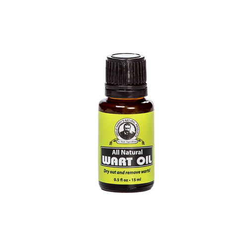 Small amber glass bottle of all-natural wart oil with a bright green label featuring cinnamon, clove, and oregano oils, handcrafted and made in USA for health remedies.