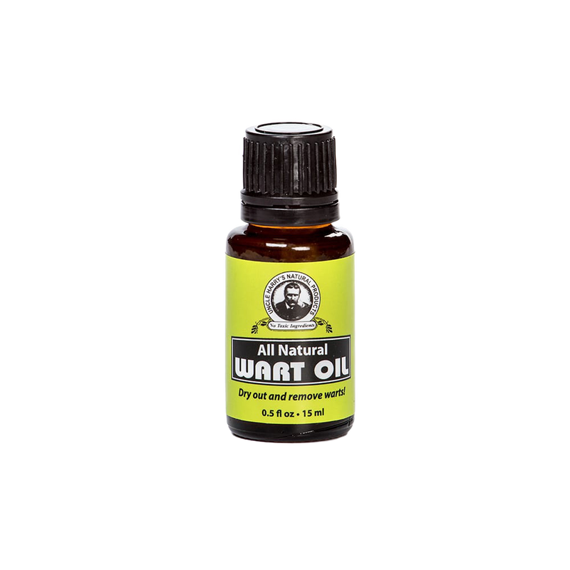 Small amber glass bottle of all-natural wart oil with a bright green label featuring cinnamon, clove, and oregano oils, handcrafted and made in USA for health remedies.