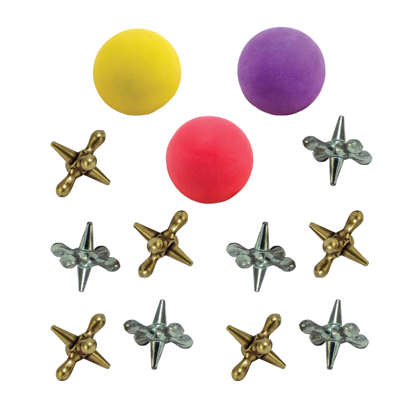 Set of handcrafted metal jacks in silver and brass tones paired with colorful rubber balls in yellow, purple, and red, made in USA, ideal for Toys, Books & Games and Children's Toys collections.