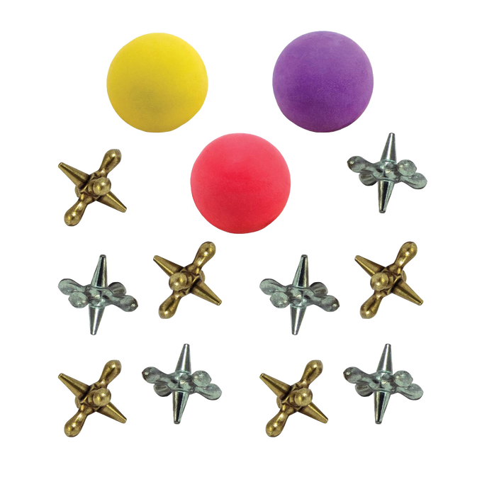 Set of handcrafted metal jacks in silver and brass tones paired with colorful rubber balls in yellow, purple, and red, made in USA, ideal for Toys, Books & Games and Children's Toys collections.