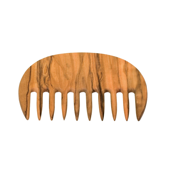 Handcrafted olivewood comb with extra-wide teeth designed for gentle detangling of thick, curly hair, naturally anti-static and durable, featured in Health & Wellness and Grooming collections.