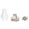 Disassembled handcrafted glass oil lamp components including a clear chimney, glass fuel reservoir with decorative ridges, and a metal burner, ideal for farm, garden, and emergency lighting.