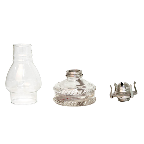 Disassembled handcrafted glass oil lamp components including a clear chimney, glass fuel reservoir with decorative ridges, and a metal burner, ideal for farm, garden, and emergency lighting.