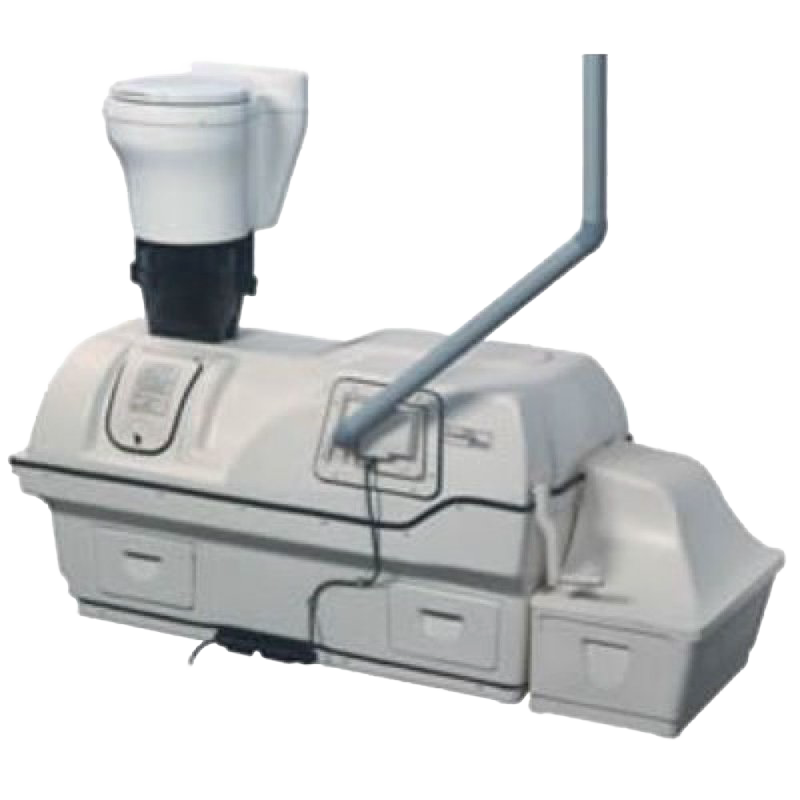 Compact composting toilet unit featuring integrated airflow system, rotating drum, and separate waste collection, designed for durable use in Appliances and Composting Toilets collections.