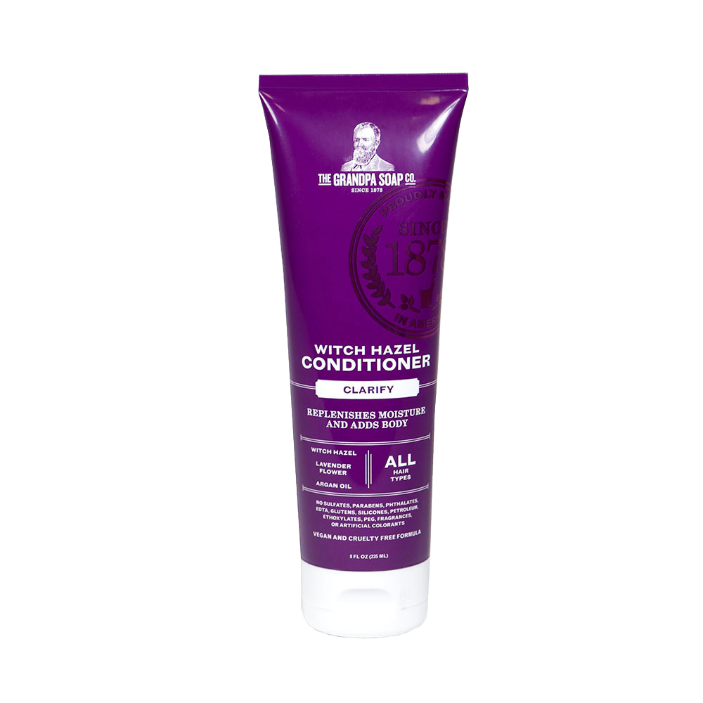 Tube of handcrafted witch hazel conditioner in purple packaging with lavender flower and argan oil, made in USA, featured in Health & Wellness and Grooming collections.