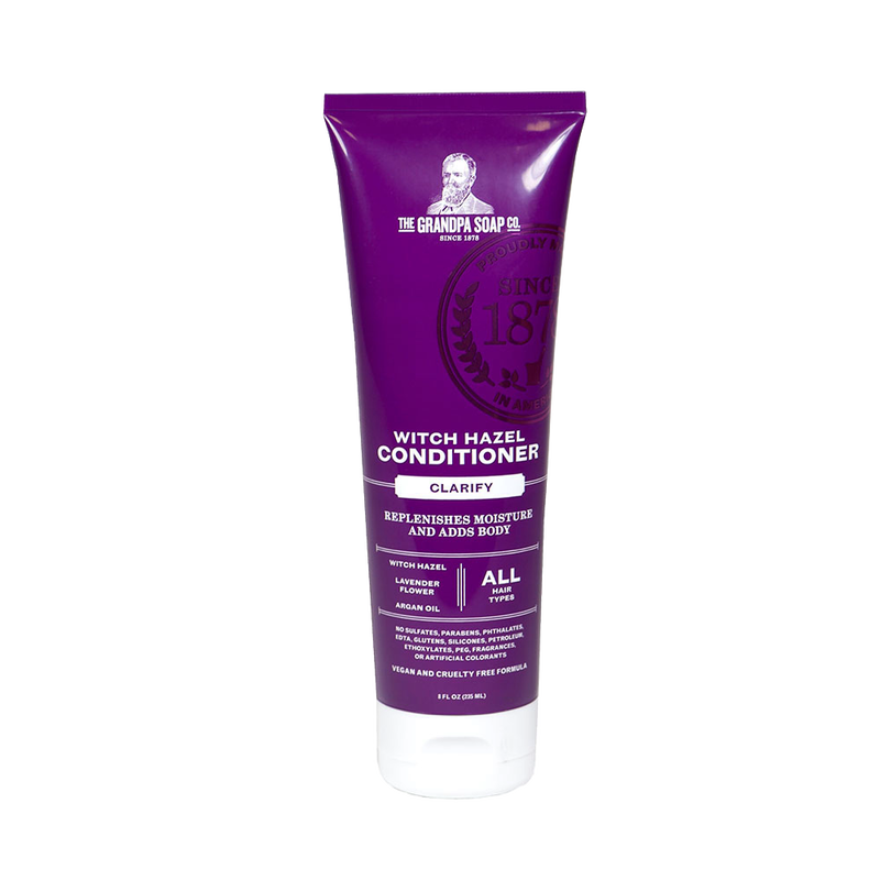 Tube of handcrafted witch hazel conditioner in purple packaging with lavender flower and argan oil, made in USA, featured in Health & Wellness and Grooming collections.