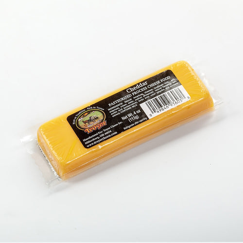 Individually wrapped block of cheddar pasteurized process cheese food, shelf stable and made in USA, featured in Kitchen & Food, Pantry, Best Sellers, and Promo Eligible collections.