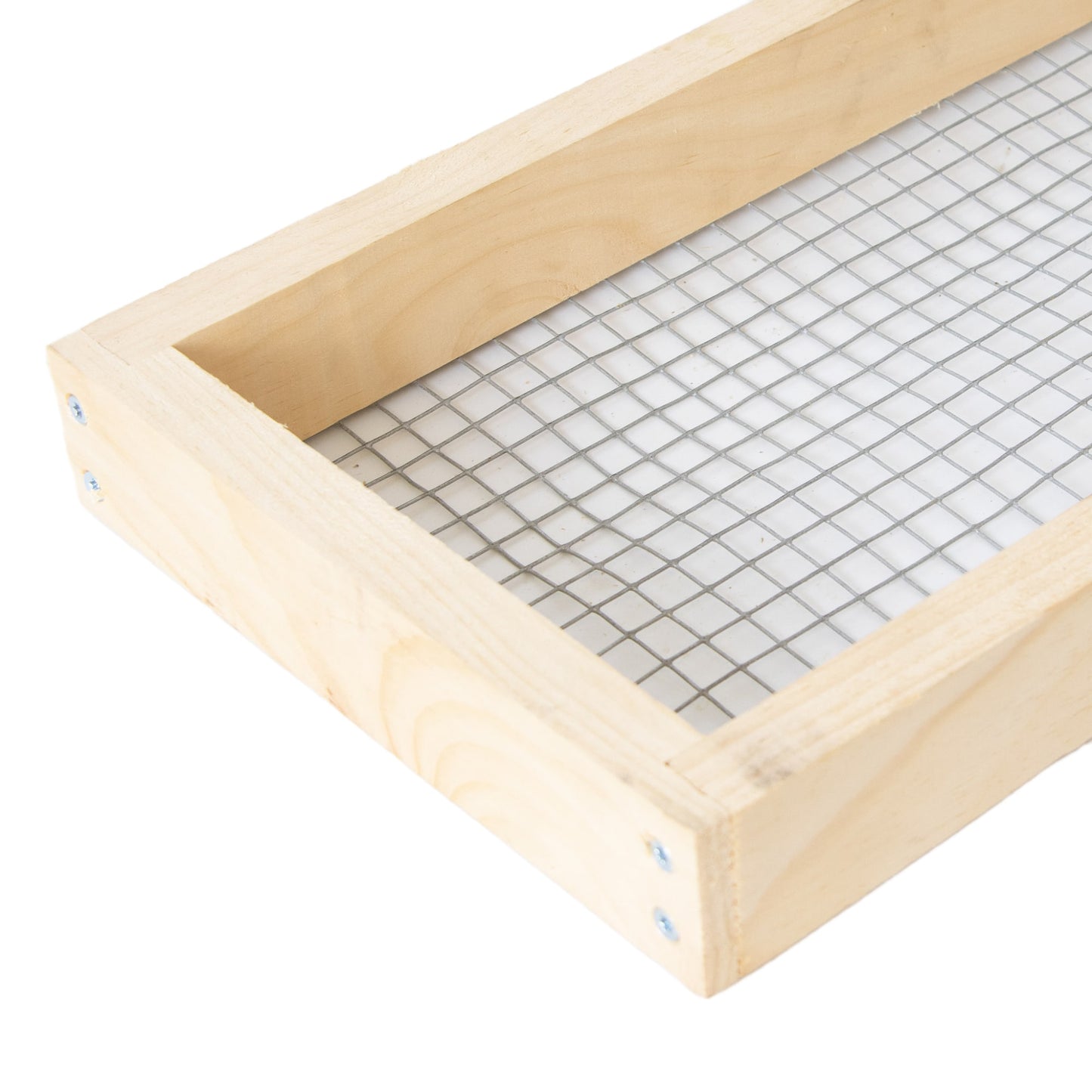 Handcrafted wooden frame with metal grid, Amish made in the USA, designed for beekeeping use in 5-frame hives, ideal for farm, garden, and beekeeping supplies collections.