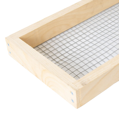 Handcrafted wooden frame with metal grid, Amish made in the USA, designed for beekeeping use in 5-frame hives, ideal for farm, garden, and beekeeping supplies collections.