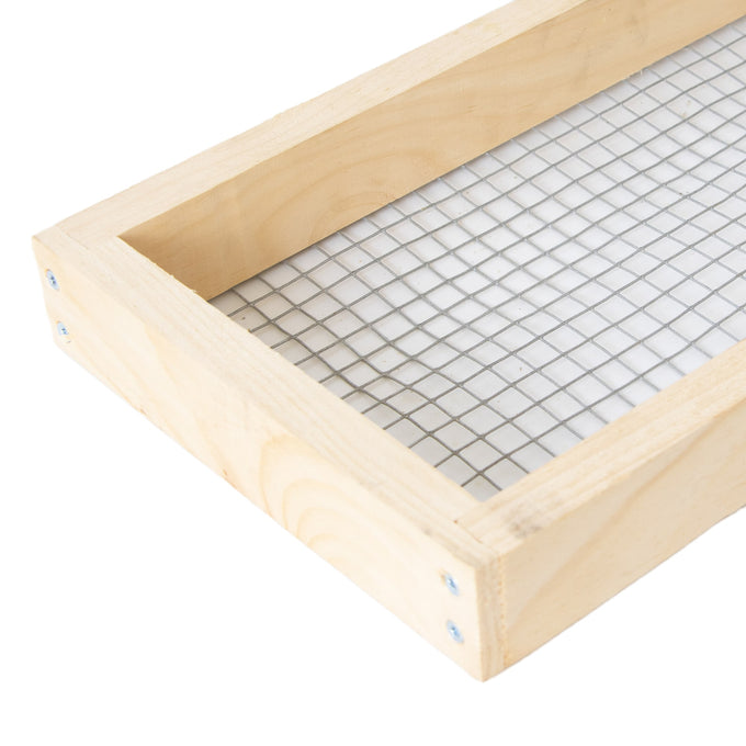 Handcrafted wooden frame with metal grid, Amish made in the USA, designed for beekeeping use in 5-frame hives, ideal for farm, garden, and beekeeping supplies collections.