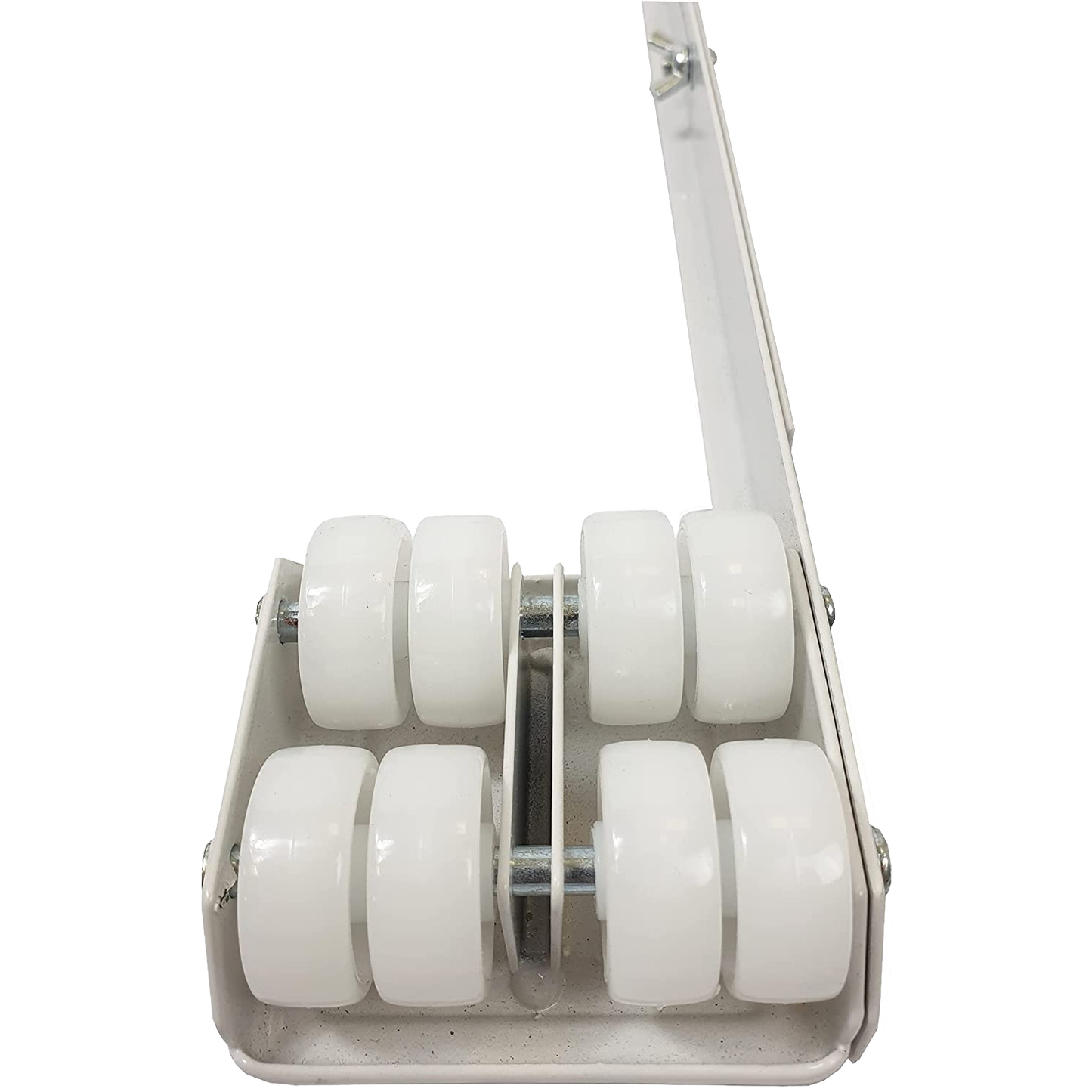 Heavy-duty steel appliance rollers with white plastic wheels, adjustable to fit a range of appliance widths, designed to support up to 1200 lbs and ease moving refrigerators and stoves in Home & Decor and Appliances collections.