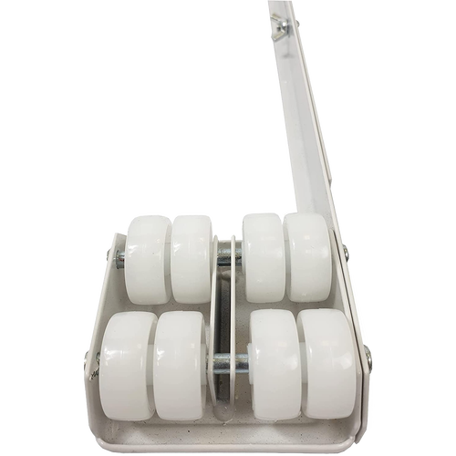 Heavy-duty steel appliance rollers with white plastic wheels, adjustable to fit a range of appliance widths, designed to support up to 1200 lbs and ease moving refrigerators and stoves in Home & Decor and Appliances collections.