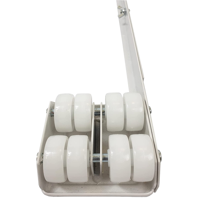 Heavy-duty steel appliance rollers with white plastic wheels, adjustable to fit a range of appliance widths, designed to support up to 1200 lbs and ease moving refrigerators and stoves in Home & Decor and Appliances collections.