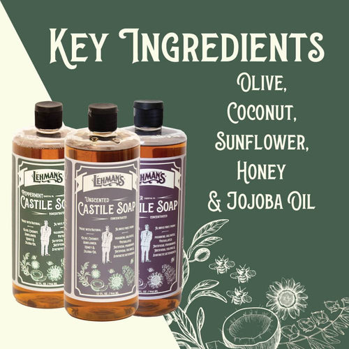 Three handcrafted amber bottles of Lehman's concentrated Castile soap in peppermint, unscented, and lavender, highlighting natural oils like olive, coconut, sunflower, honey, and jojoba for health, grooming, and USA made collections.