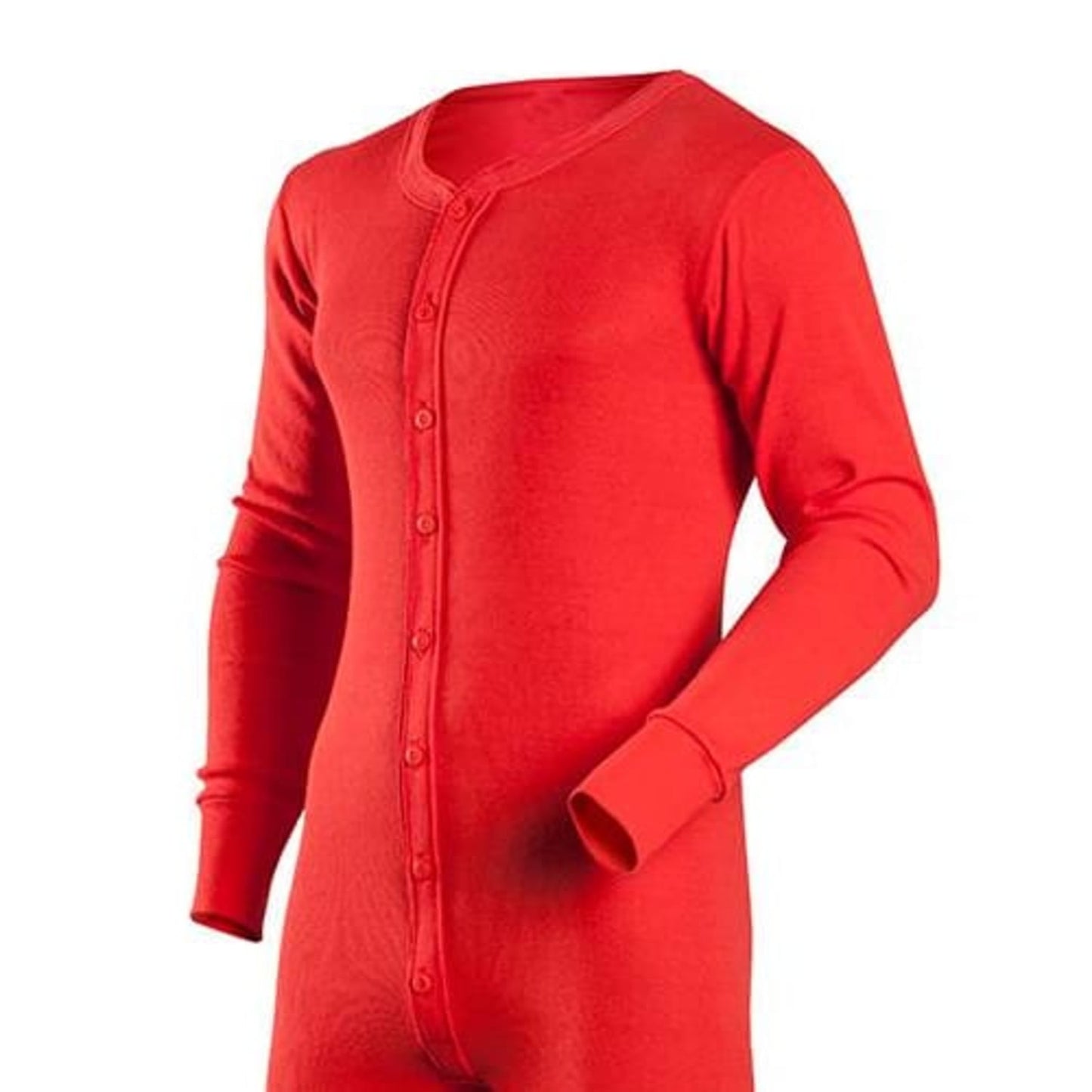 Handcrafted men's full-cut cotton thermal union suit in bright red with smooth 1x1 rib knit and full button front, featured in Health & Wellness, Clothing and Accessories, and Best Sellers collections.
