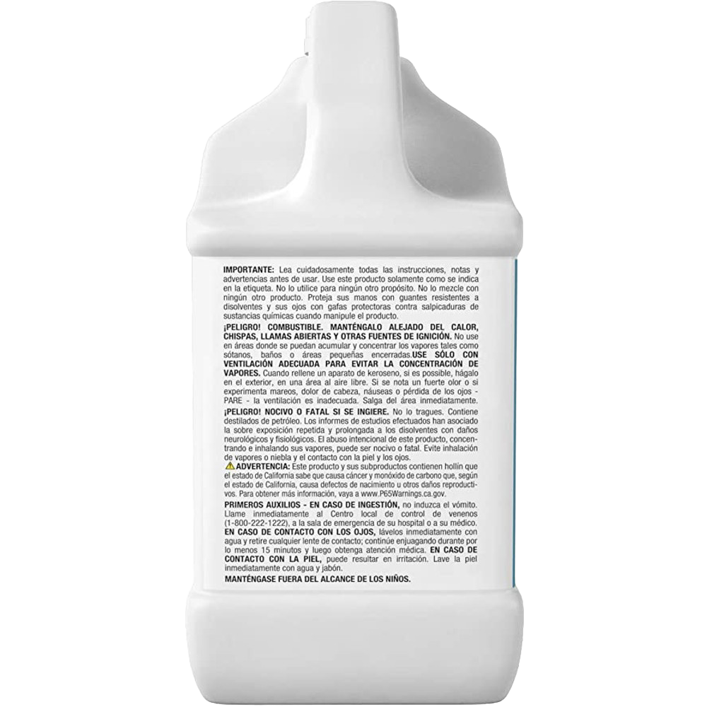White plastic 1-gallon jug of clean-burning oil lamp fuel with detailed safety warnings and usage instructions, suitable for Farm, Garden & Tool, Lamps & Lighting, Emergency Supplies, and Lamp and Lantern Fuel collections.