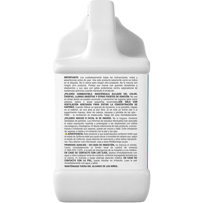 White plastic 1-gallon jug of clean-burning oil lamp fuel with detailed safety warnings and usage instructions, suitable for Farm, Garden & Tool, Lamps & Lighting, Emergency Supplies, and Lamp and Lantern Fuel collections.