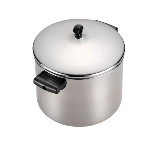Stainless steel covered saucepot with black handles and knob, featuring a thick aluminum core base for even heating, ideal for Kitchen & Food, Cookware, Pots and Pans, and Best Sellers collections.