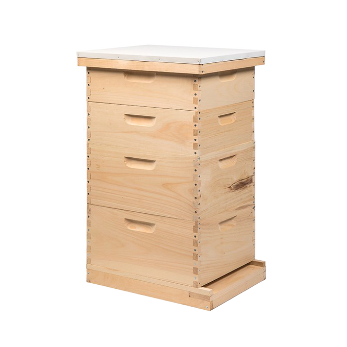 Handcrafted Amish-made 10-frame beehive kit with multiple wooden boxes stacked and a metal telescoping cover, ideal for farm, garden, and beekeeping supplies.