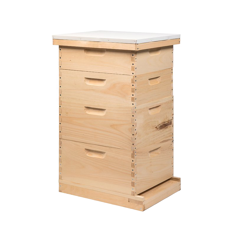 Handcrafted Amish-made 10-frame beehive kit with multiple wooden boxes stacked and a metal telescoping cover, ideal for farm, garden, and beekeeping supplies.