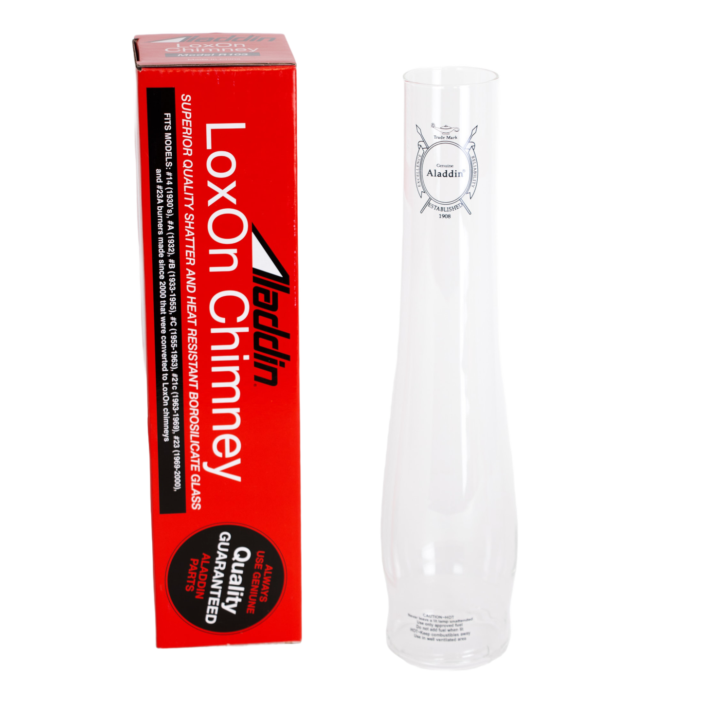 Clear glass Aladdin chimney with logo displayed next to bright red box featuring product details, ideal for Lamps & Lighting, Parts and Accessories, Chimneys and Globes, Best Sellers, and Promo Eligible collections.