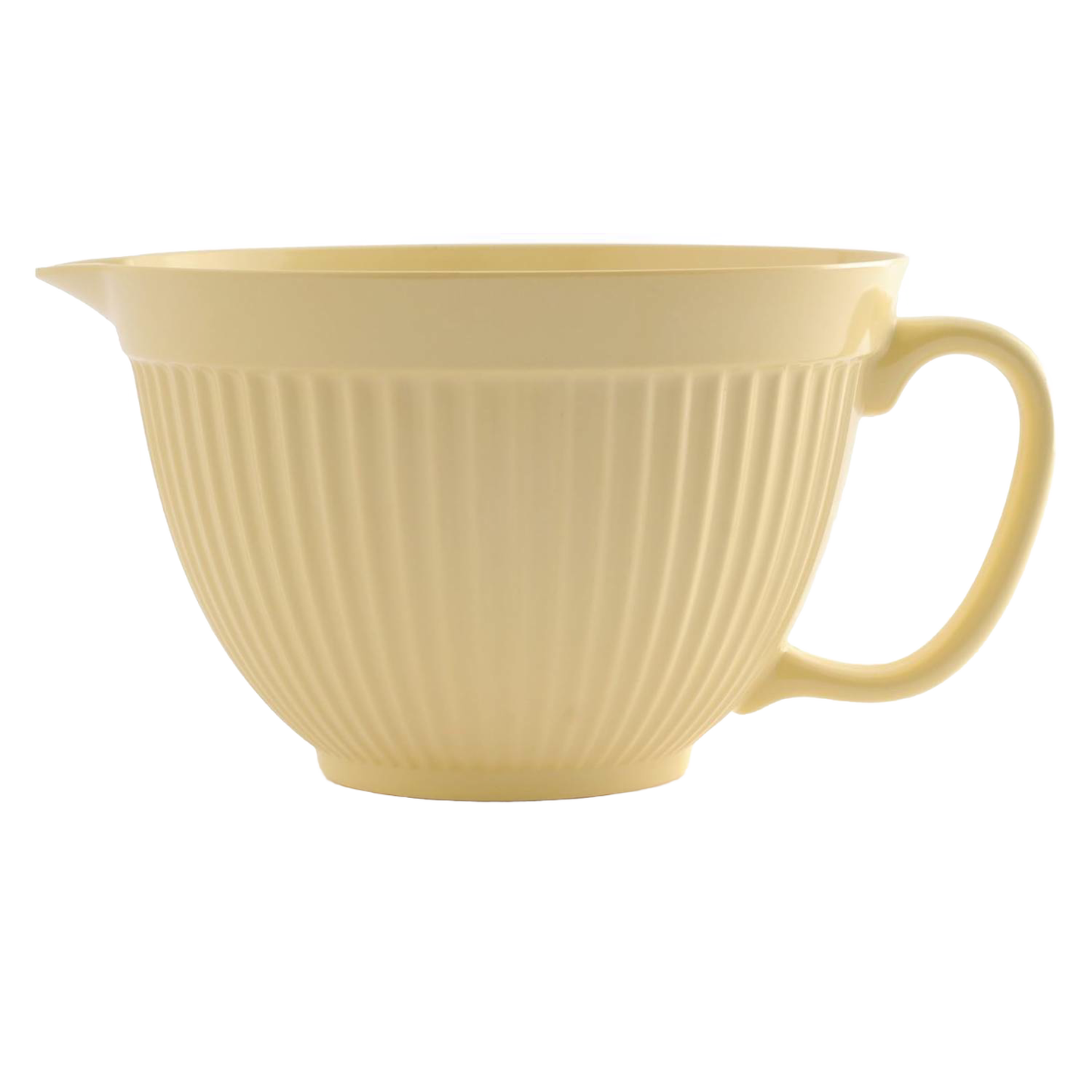 Soft yellow melamine mixing bowl with built-in handle and spout, featuring a textured exterior and non-slip base, crafted for easy pouring in Kitchen & Food and Baking Supplies.