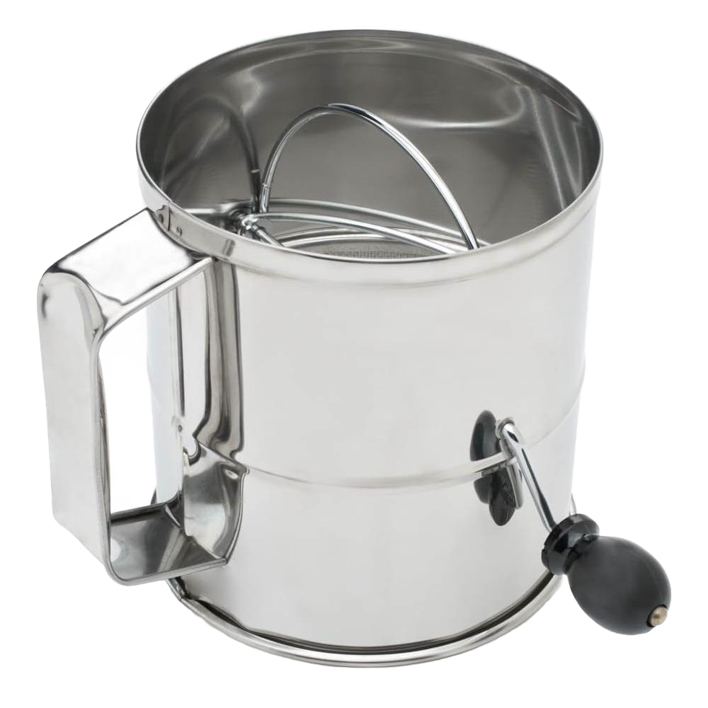 Handcrafted stainless steel flour sifter with 8-cup capacity and crank handle, designed for Kitchen & Food, Baking Supplies, and Cookware collections to aerate and break up lumps.