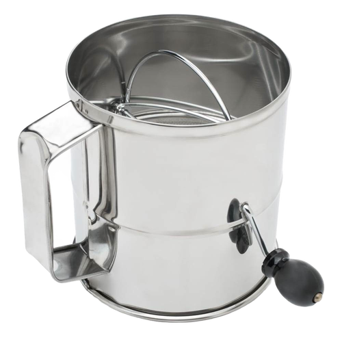 Handcrafted stainless steel flour sifter with 8-cup capacity and crank handle, designed for Kitchen & Food, Baking Supplies, and Cookware collections to aerate and break up lumps.