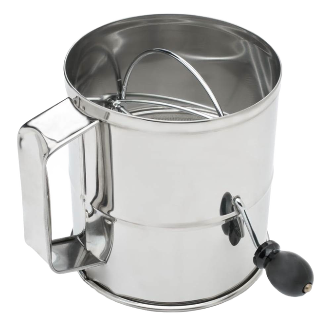 Handcrafted stainless steel flour sifter with 8-cup capacity and crank handle, designed for Kitchen & Food, Baking Supplies, and Cookware collections to aerate and break up lumps.