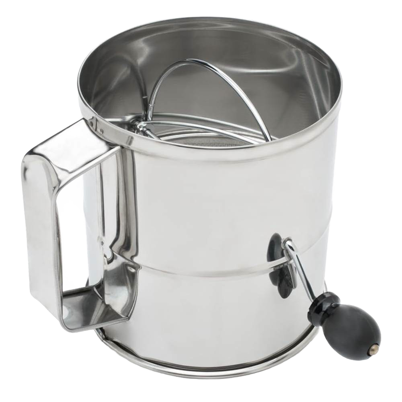 Handcrafted stainless steel flour sifter with 8-cup capacity and crank handle, designed for Kitchen & Food, Baking Supplies, and Cookware collections to aerate and break up lumps.