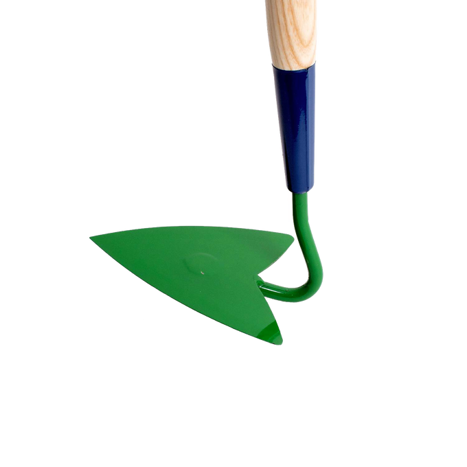 Handcrafted furrowing hoe with a sharp, green high-carbon steel blade and smooth hickory handle, designed for precise row-making and weeding in Farm, Garden & Tool and Amish Made collections.