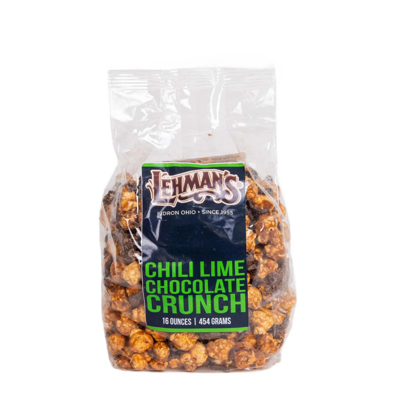 Clear bag of Lehman's chili lime chocolate crunch popcorn showcasing a savory and sweet handcrafted snack made in USA, featured in Kitchen & Food and Snacks and Sweets collections.