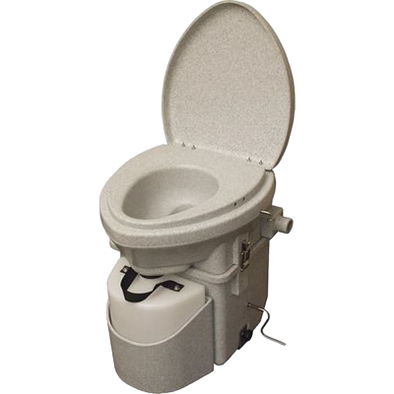 Compact composting toilet with a gray-granite molded design, stainless steel hardware, and user-friendly features, made in USA, ideal for Appliances and Composting Toilets collections.