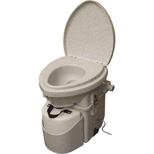 Compact composting toilet with a gray-granite molded design, stainless steel hardware, and user-friendly features, made in USA, ideal for Appliances and Composting Toilets collections.