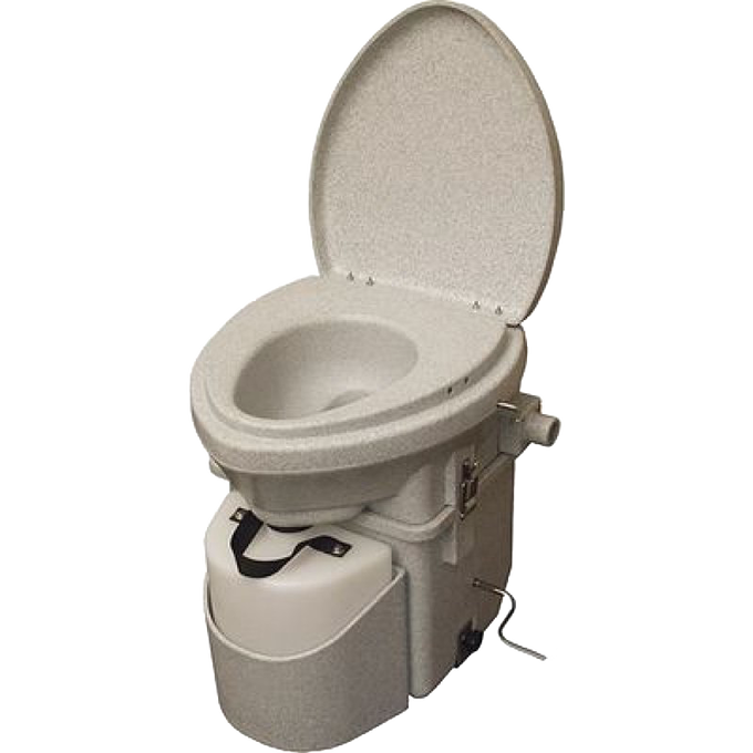 Compact composting toilet with a gray-granite molded design, stainless steel hardware, and user-friendly features, made in USA, ideal for Appliances and Composting Toilets collections.