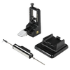 Precision angle adjustable knife sharpener with three abrasive grits, compact black design, spring-loaded clamp, and separate honing rod and base, suitable for Kitchen & Food and Sharpening collections.