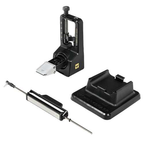 Precision angle adjustable knife sharpener with three abrasive grits, compact black design, spring-loaded clamp, and separate honing rod and base, suitable for Kitchen & Food and Sharpening collections.