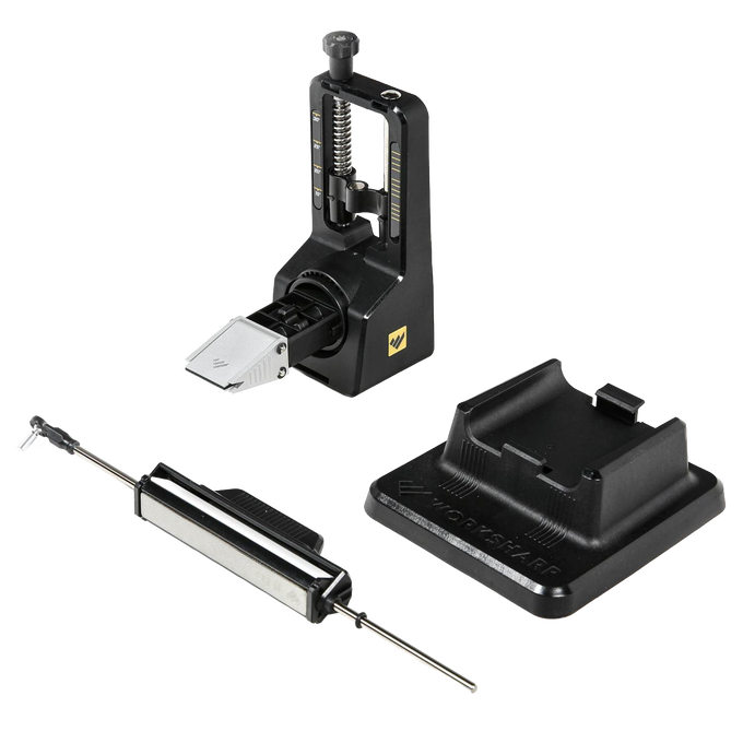 Precision angle adjustable knife sharpener with three abrasive grits, compact black design, spring-loaded clamp, and separate honing rod and base, suitable for Kitchen & Food and Sharpening collections.