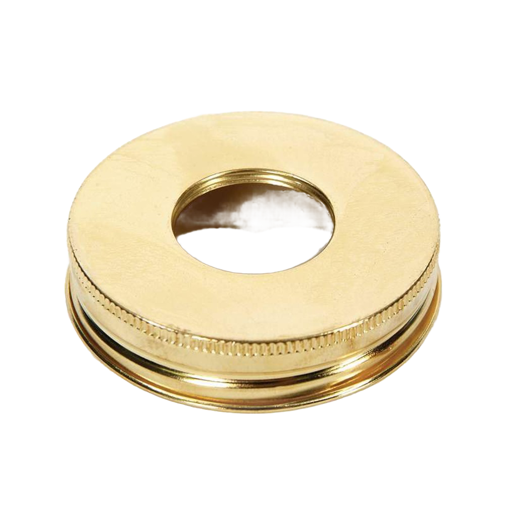 Brass-plated adapter ring designed for regular mouth canning jars, crafted to fit lamp parts; ideal for Lamps & Lighting, Parts and Accessories, Lamp Burners and Collars, and Best Sellers collections.