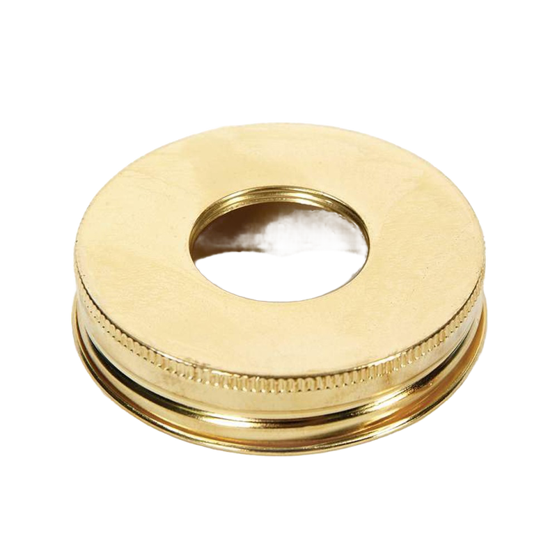 Brass-plated adapter ring designed for regular mouth canning jars, crafted to fit lamp parts; ideal for Lamps & Lighting, Parts and Accessories, Lamp Burners and Collars, and Best Sellers collections.