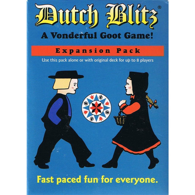 Blue box packaging for a fast-paced card game expansion pack featuring stylized illustrations of a boy and girl in traditional clothing, part of Toys, Books & Games collections.